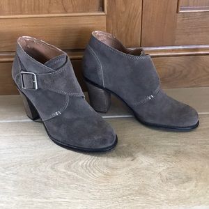Lucky Brand Suede Booties 8M 'Mickie' Taupe Tan Gray with Buckle Block H…